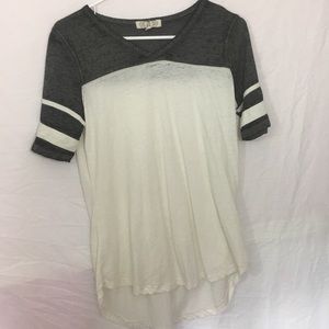 Plain Creme tee with striped sleeves